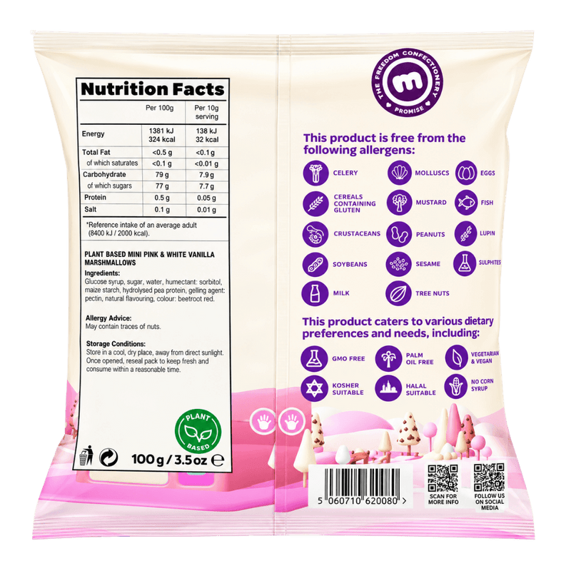 Freedom Confectionery Pink & White Vanilla Marshmallows 100g - Case of 10