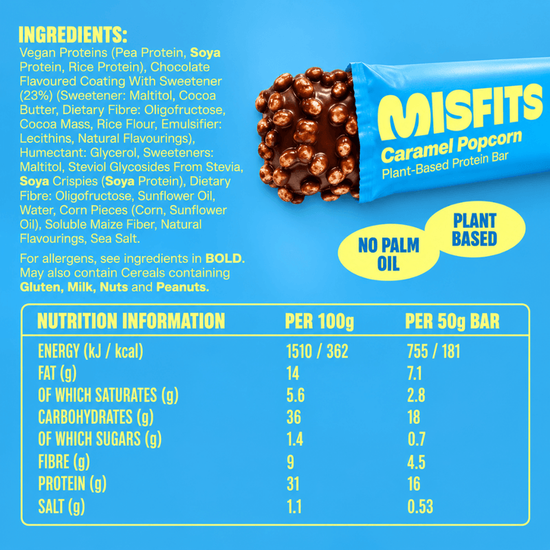 Misfits Caramel Popcorn Protein bars 50g - Case of 15