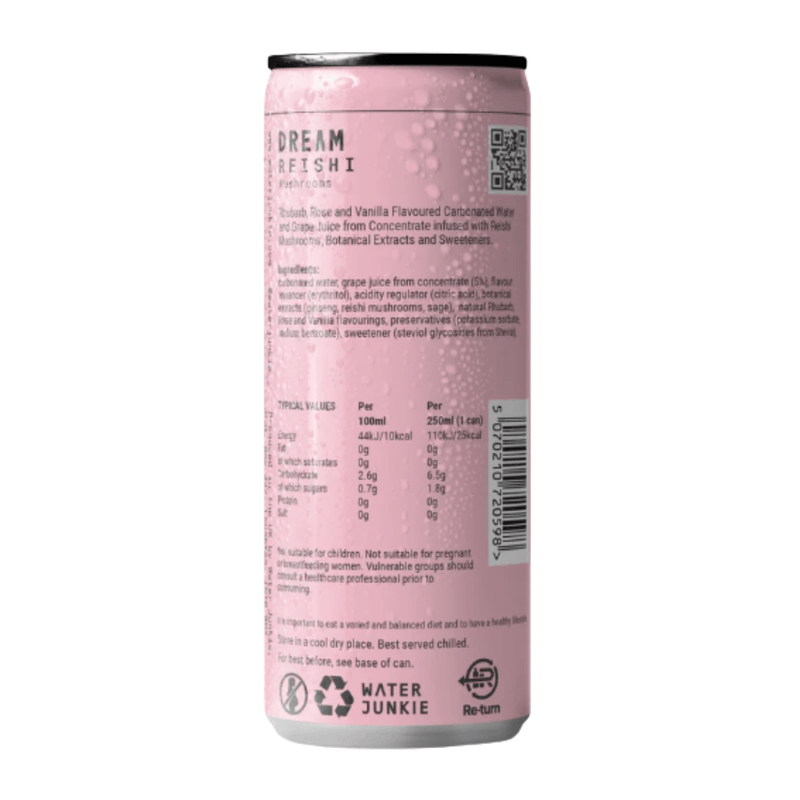 WaterJunkie Dream Rhubarb, Rose & Vanilla Sparkling Reishi Mushroom Drink 250ml Case of 12