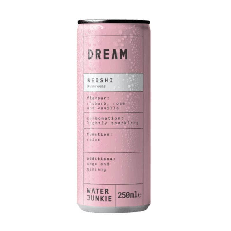 WaterJunkie Dream Rhubarb, Rose & Vanilla Sparkling Reishi Mushroom Drink 250ml Case of 12