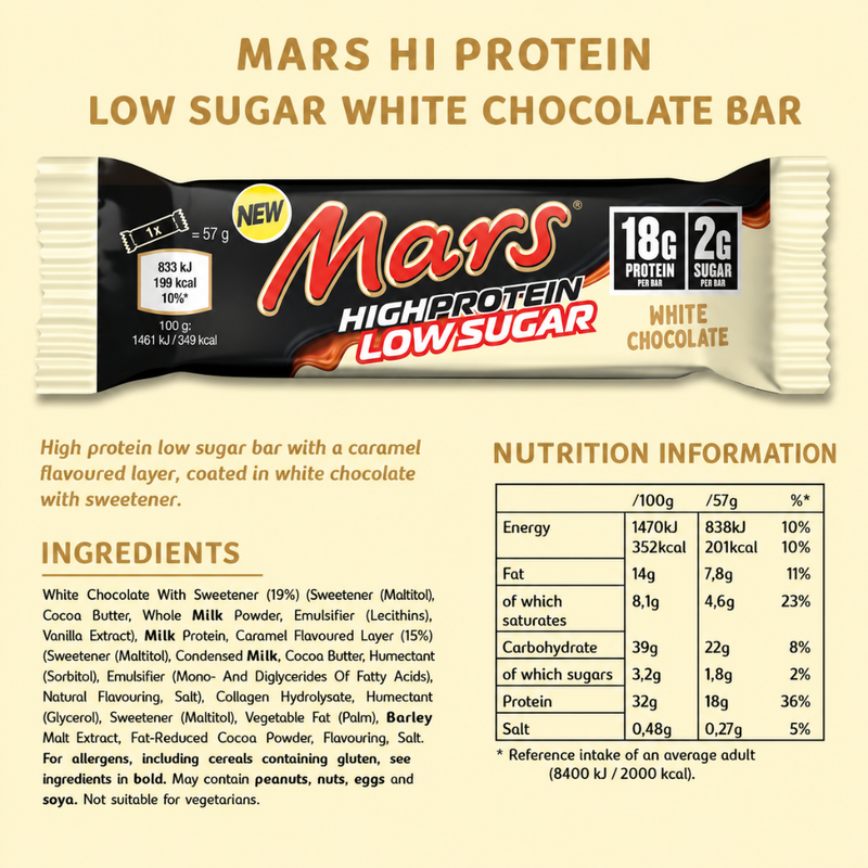 Mars Hi-Protein Low Sugar Protein bar White Chocolate 57g - Case of 12 [Best Before: 01/07/2026]
