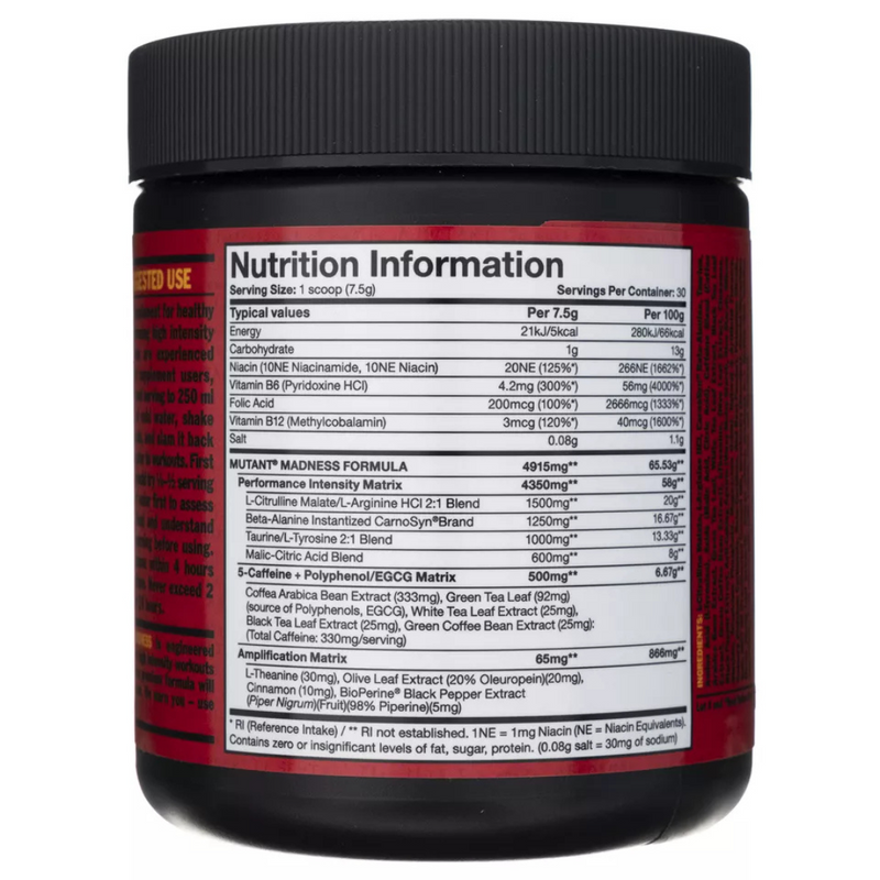 Mutant Madness Peach Mango Flavour Pre-Workout Supplement 225g