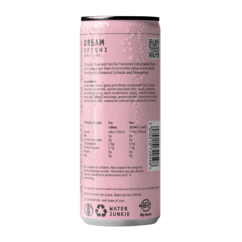 WaterJunkie Dream Rhubarb, Rose & Vanilla Sparkling Reishi Mushroom Drink  250ml Case of 12