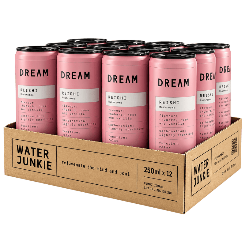 WaterJunkie Dream Rhubarb, Rose & Vanilla Sparkling Reishi Mushroom Drink  250ml Case of 12